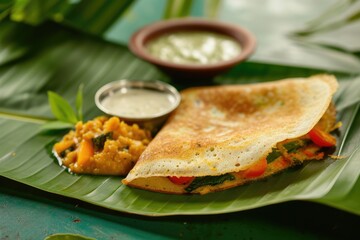 Delicious South Indian dish dosa with sambhar and coconut chutney on fresh banana leaf.