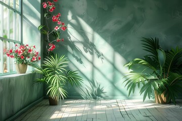 A peaceful corner with lush plants basking in the warm morning light streaming through a large window, creating a tranquil atmosphere
