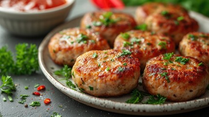 Appetizing fried potato patties with red sauce on dining table, ready to be eaten.