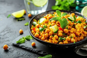 delicious vegetarian chickpea salad in bowl with garnish herbs on dining table. - obrazy, fototapety, plakaty