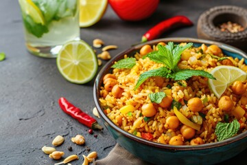 delicious Chickpeas with rice dish in bowl, ready to be eaten. - obrazy, fototapety, plakaty
