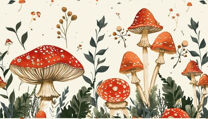 mushrooms in the autumn forest, fly agaric mushroom in forest, Beautiful vintage mushroom plants in the forest - obrazy, fototapety, plakaty