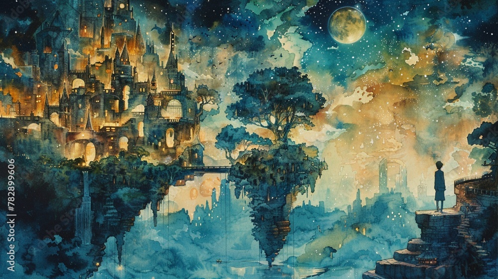 Poster a watercolor painting that tells a story through interconnected vignettes, with each scene flowing s