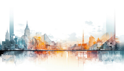 Abstract Watercolor Urban Skyline with Reflection - obrazy, fototapety, plakaty