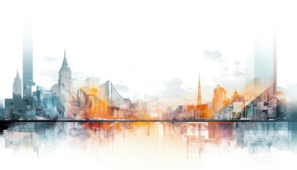 Deurstickers Aquarelschilderij wolkenkrabber  Abstract Watercolor Urban Skyline with Reflection