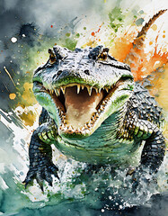 Władca Bagien: Kolorowy Aligator Na Tle Malowniczego Pejzażu - obrazy, fototapety, plakaty
