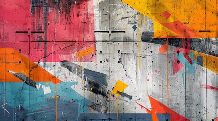 A weathered concrete wall covered in abstract graffiti designs, their bold lines and vibrant colors...