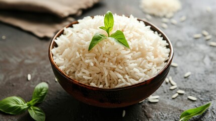 A bowl filled with basmati rice garnish with mint leaf, placed on a table. - obrazy, fototapety, plakaty