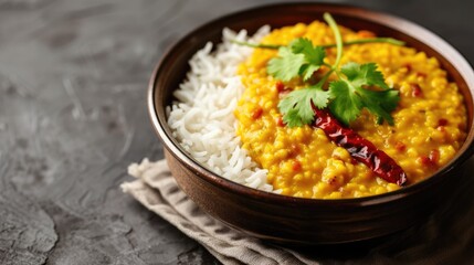 yellow lentils and white rice in bowl, ready to be serve.