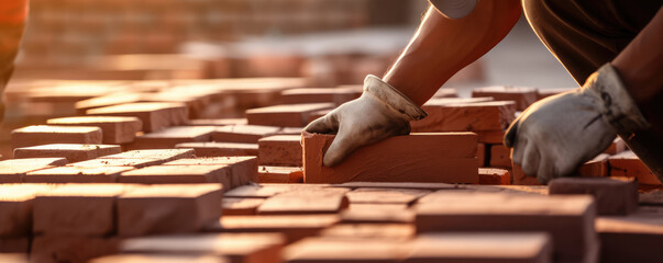 Construction Worker Precision in Laying Bricks - obrazy, fototapety, plakaty
