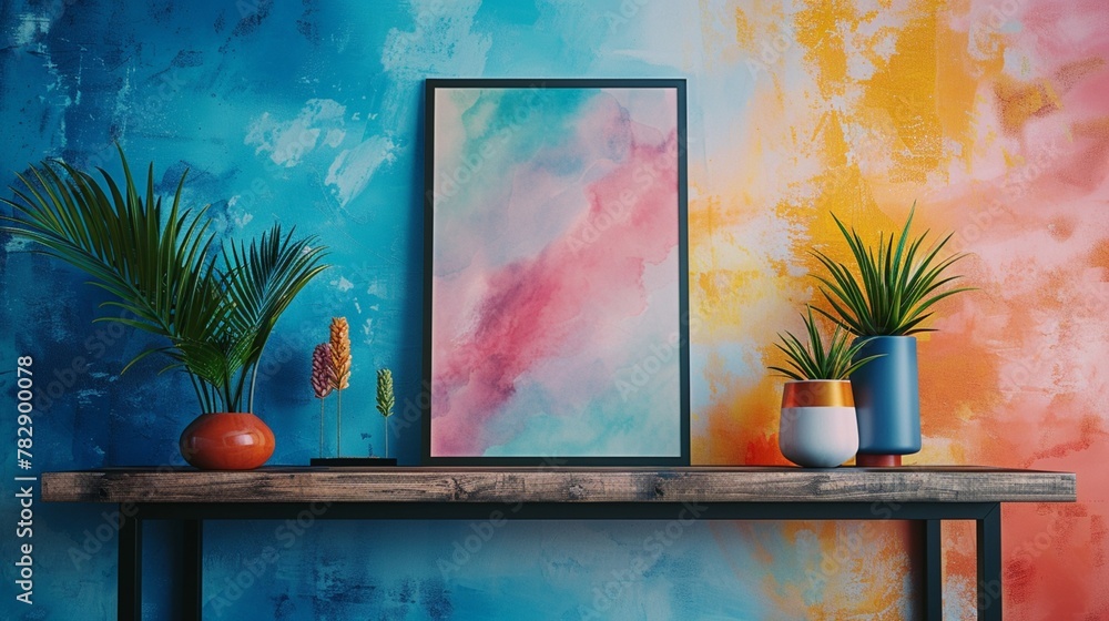 Poster dive into creativity with this dynamic 3d wall frame mockup featuring floating shelves against a vib