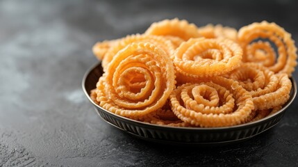 Fototapeta premium Closeup Image of a Bowl Filled with Indian Snack Chakli Placed on Surface, Ready to be Eaten.
