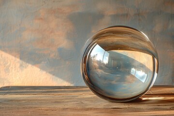 A transparent glass sphere beautifully reflects warm light, symbolizing vision and perspective within a space