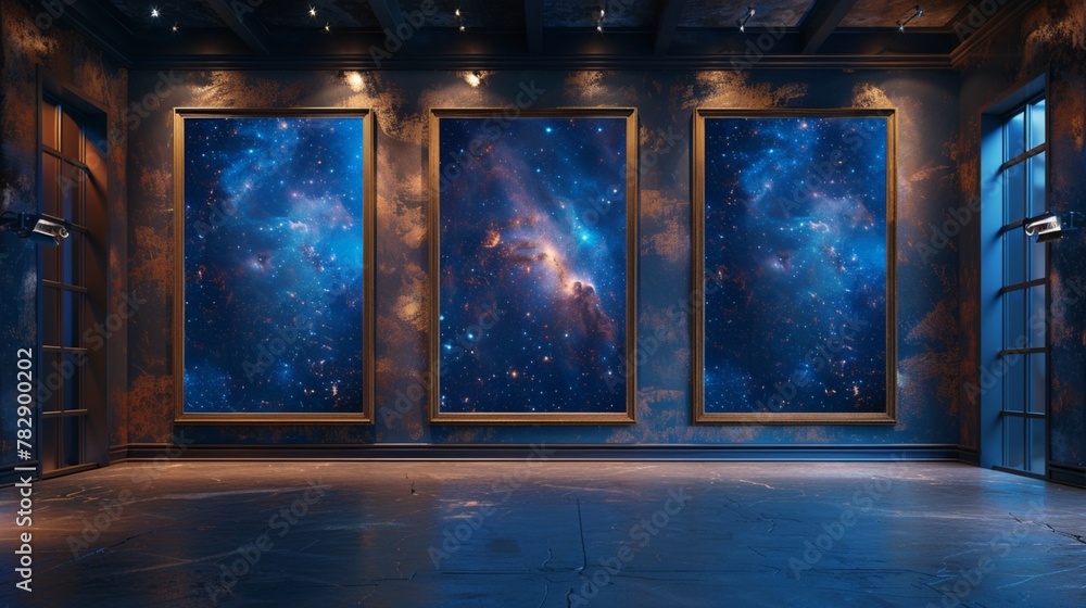 Poster dive into the depths of space with this captivating 3d wall frame mockup featuring matte navy frames