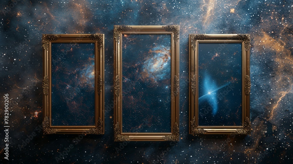 Poster dive into the depths of space with this captivating 3d wall frame mockup featuring matte navy frames