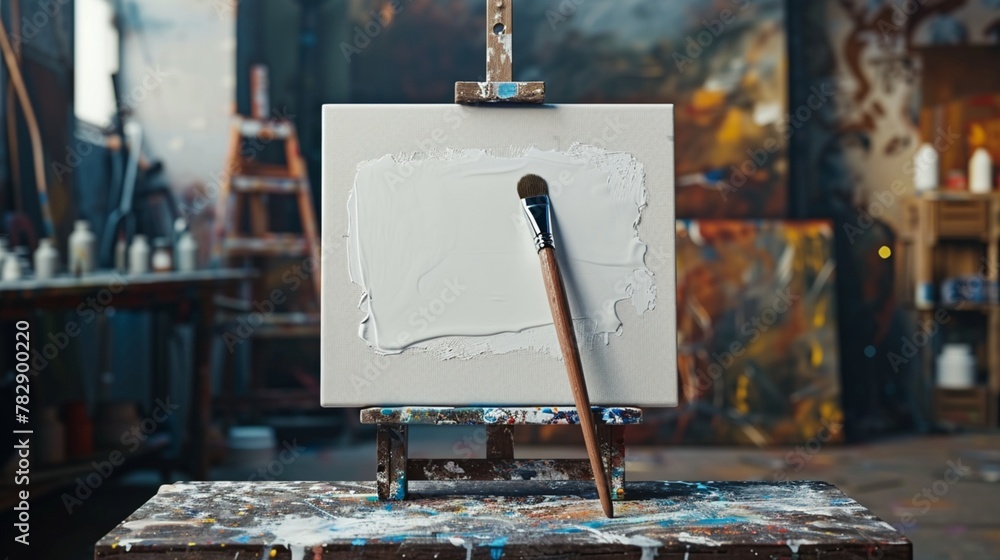 Poster dive into the world of creativity with this artistic 3d mockup featuring a paintbrush resting on a c