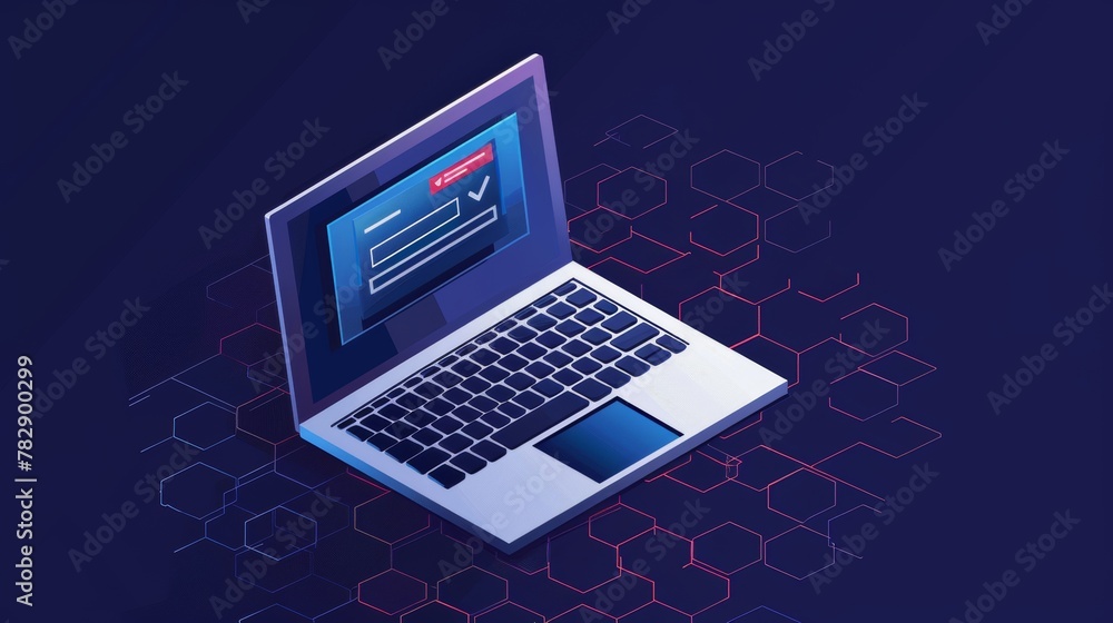 Poster isometric modern showing internet account security guarantee in front of a laptop screen on a blue h