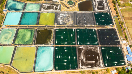 Top view of Pump ponds at a shrimp farm in the Philippines.Prawn farm with aerator pump.
