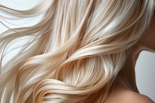 The flow and softness of a woman's blonde hair down her back is depicted