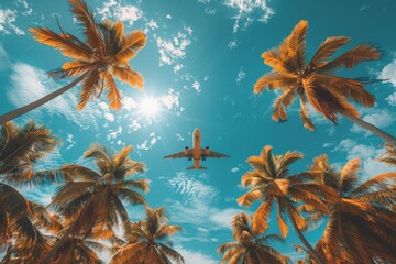 A stunning image capturing an airplane soaring through a clear blue sky, framed by bright, tropical palm trees on a sunny day