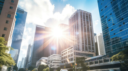 Fototapeta premium Sunburst Over Modern Skyscrapers in a Cityscape
