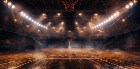 Basketball arena with spotlights and smoke, wide angle.