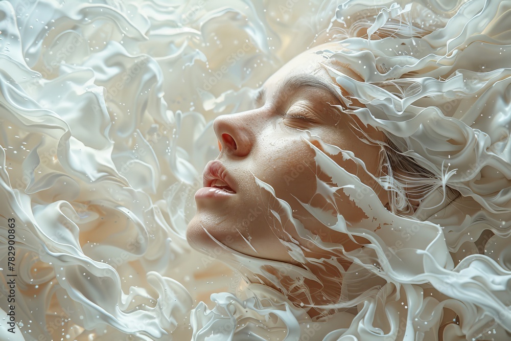 Aufkleber ethereal abstract image of swirling creamy white fluid with a soft tan square frame in the center