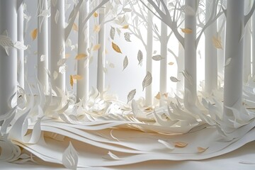 A dynamic scene of wind blowing through a paper-cut forest