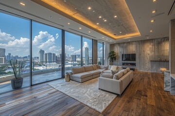 Contemporary styled living room featuring plush sofas and a panoramic view of the city skyline...