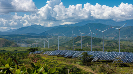 Fototapeta premium Renewable Energy Landscape with Wind Turbines and Solar Panels