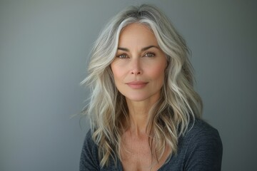 Portrait of a sophisticated mature woman with stylish gray hair and a serene expression