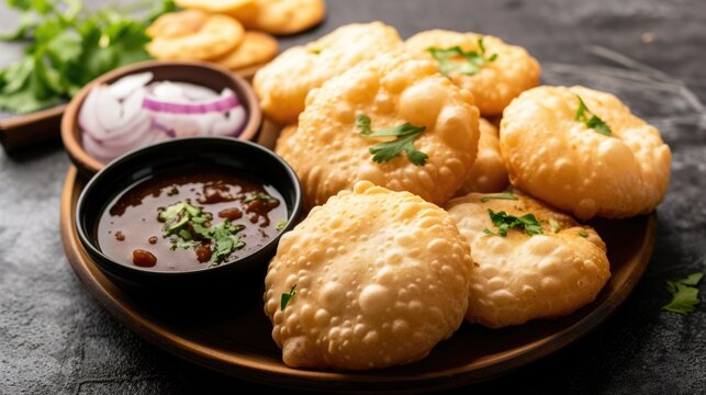 Closeup Image of Delicious Indian Crunchy Kachori with Sauce Served on Plate, Ready to be Eaten and Enjoyed.