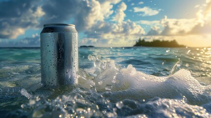 Obraz premium The plain soft-drink can 330ml, floating in the ocean with tropical islands in background. Generated by artificial intelligence.