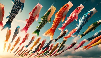 Colorful carp streamers flying against a clear sky for children's day in japan.