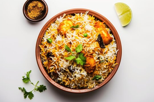 Top View of Appetizing Non Veg Biryani Recipe - Appetizing Non Veg Biryani Dish Served in Bowl, Inviting the Viewer to Enjoy a Serving of this Delectable Dish.