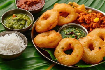South Indian Style Medu Vada (Garelu) Dish with Sauce, Curry and Rice Served on Banana Leaf, Ready to be Eaten and Enjoyed.