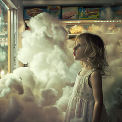 A little girl in a white dress, surrounded by whimsical clouds, gazes in awe at a shop window filled with colorful goods. A magical combination of reality and fantasy.