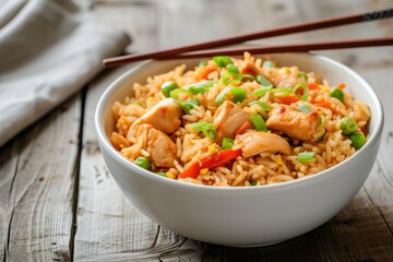 Delicious meal of Asian stir-fried rice with chicken and vegetables, such as peas and carrots, ready to be eaten by chopsticks.
