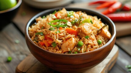 Delicious stir-fried rice with chicken and vegetables, such as peas and carrots, ready to be eaten and served.