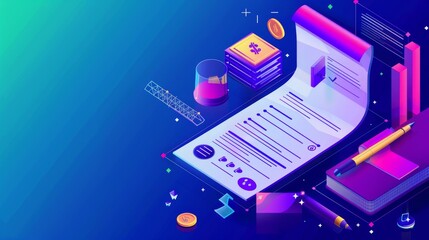 Isometric receipts, pen signing, online shopping, banking, accounting paychecks, fee documents, 3d modern line art web banner.