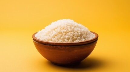 Brown Bowl Filled with Tapioca Pearl Placed on Yellow Background, Closeup Image.