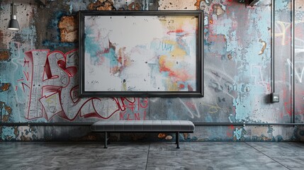 Urban cool meets minimalist design in this 3D wall frame mockup showcasing a matte gray frame against a concrete wall featuring graffiti accents, 