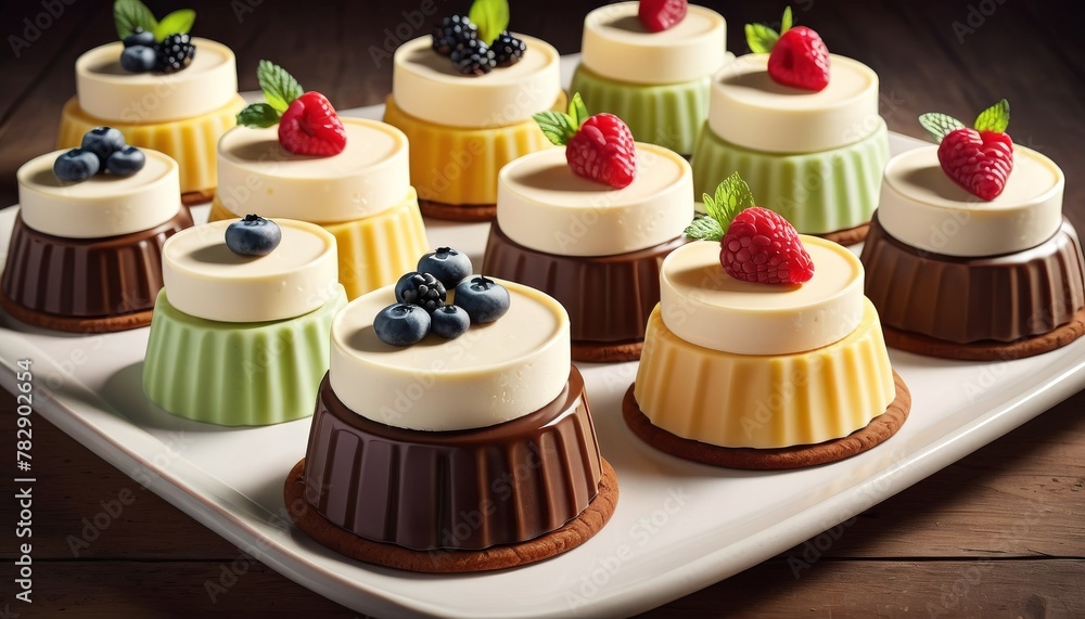 Poster a selection of mini puddings adorned with blueberries and raspberries offers a tempting dessert opti