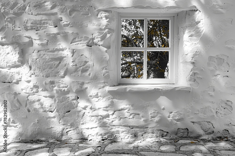Poster a captivating image showcasing a white textured wall with a clear window that gives a glimpse of nat