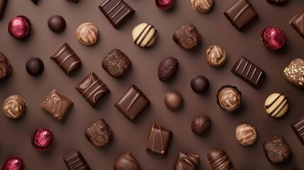 World Chocolate Day Concept. Various chocolates in dark color. Space for text. Banner, background, template. Happy chocolate day. - obrazy, fototapety, plakaty