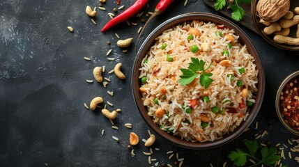 Presenting of Garlic Fried Rice Dish with Nuts in Bowl, Ready to be Served and Eaten.
