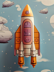 A 3d kids cartoon rocket with a white and orange body is flying in space.