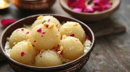 Closeup Image of Delicious Indian Dessert Rasmalai Served in Bow, Ready to be Eaten and Enjoyed.