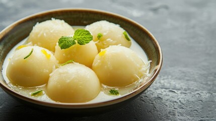 Mouth-watering Rasgulla-Cheese Dumplings in Sugar Syrup Served on Surface, Ready to be Eaten and Enjoyed.