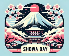 Illustration for showa day with an iconic scene of mount fuji with cherry blossoms in the foreground.